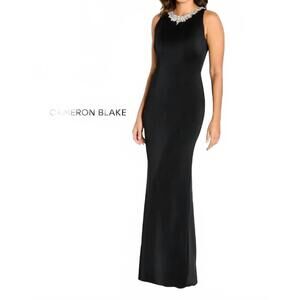 NEW MON CHERI sleeveless crepe sheath gown in black